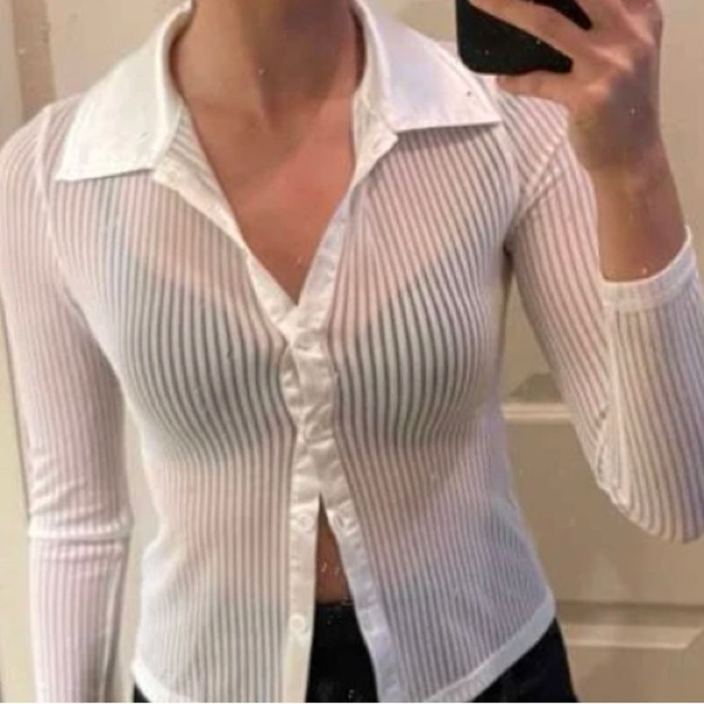 Sheer white button up blouse